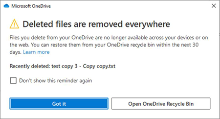 I file eliminati di OneDrive vengono rimossi ovunque nella finestra di dialogo