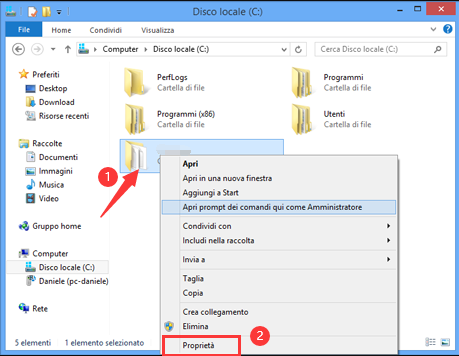 Fare clic con il tasto destro del mouse sulle proprietà della cartella Windows