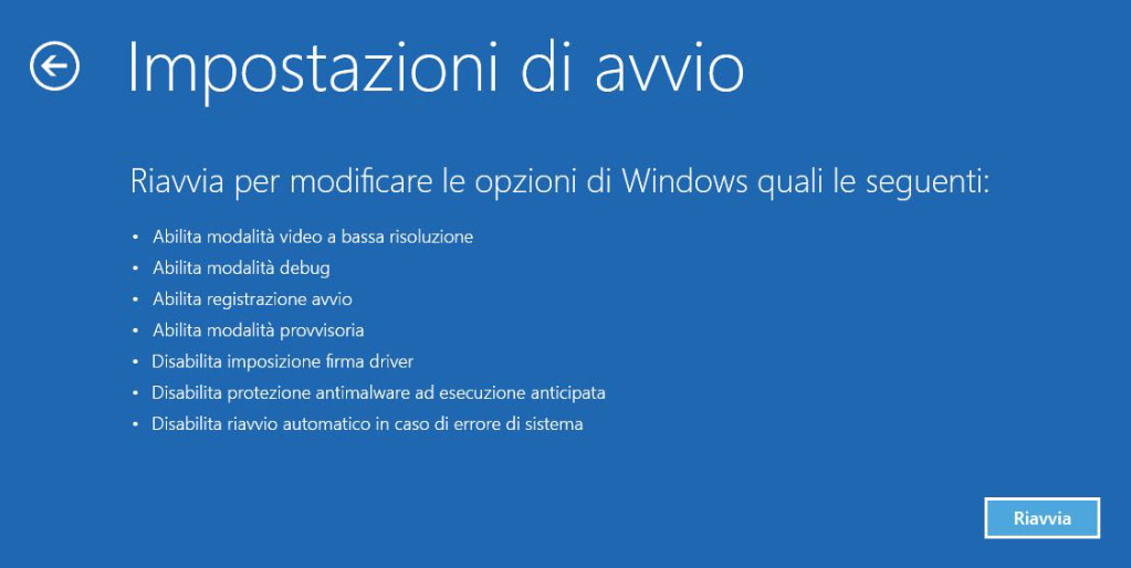 clcik per riavviare il PC nelle impostazioni di avvio