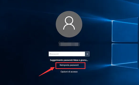 Schermata di accesso di Windows, fare clic su Reimposta password