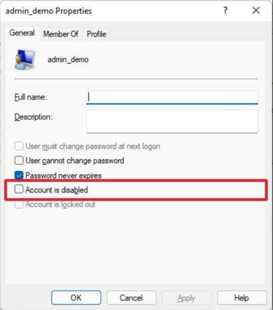 Windows deseleziona disabilitare l'account
