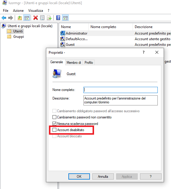 abilita l'account ospite