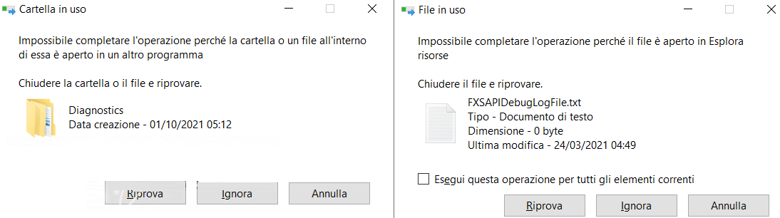 Non è possibile eliminare i file o le cartelle in uso