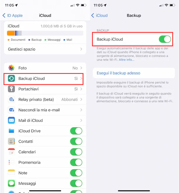 Backup iCloud su iPhone