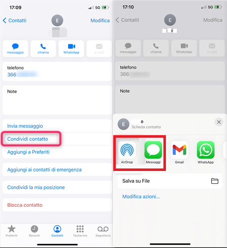 condividere il contatto, iphone