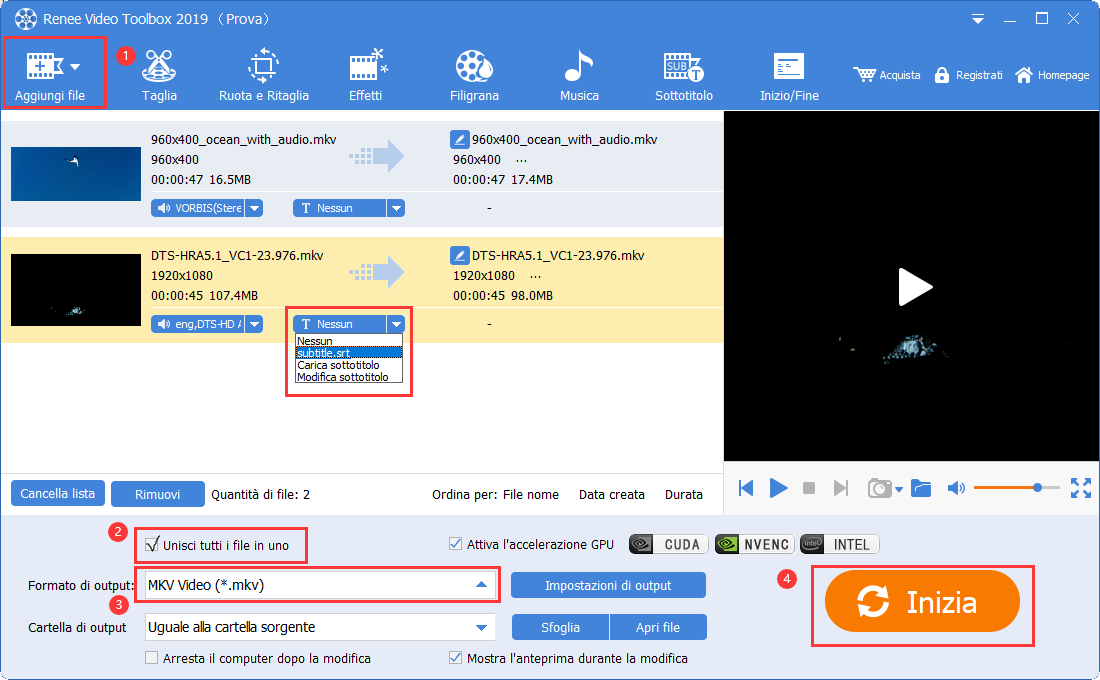 selezionare i sottotili e combinare i video in renee video editor