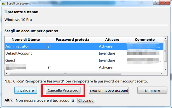 cancella password