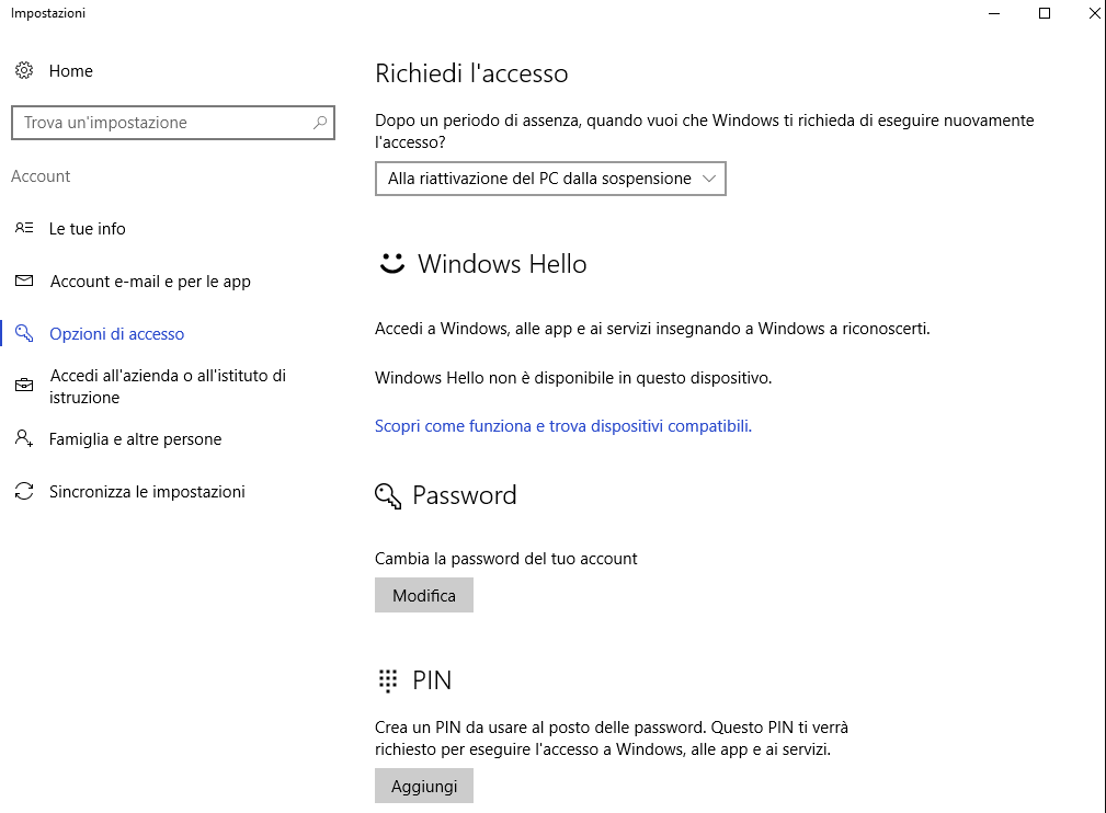 aggiungere la password in Windows 10