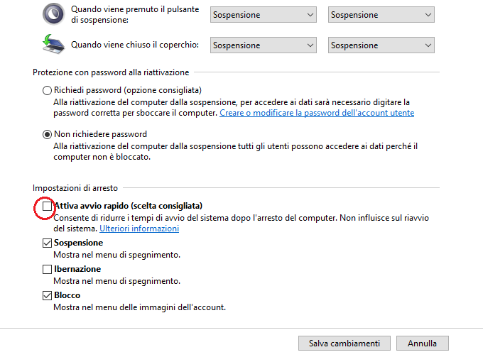 Attivare l'avvio rapido (consigliato)