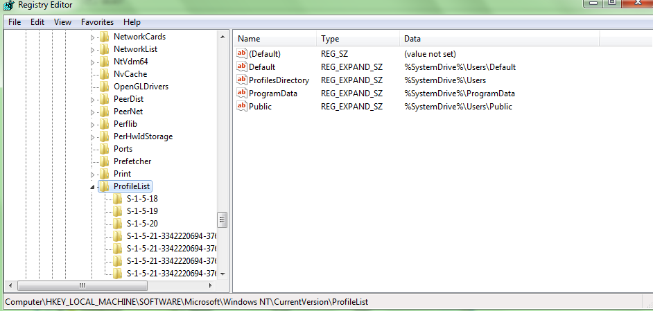 regedit profileList