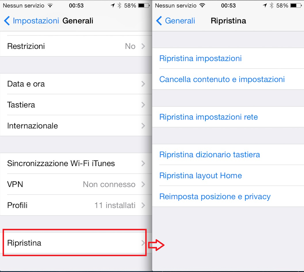 itunes non riconosce l'iphone ripristinare l'iphone di tutte le impostazioni