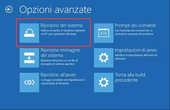 opzioni avanzate, ripristino del sistema