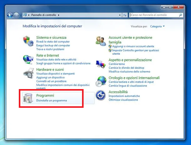 disinstallare il software in Windows 7