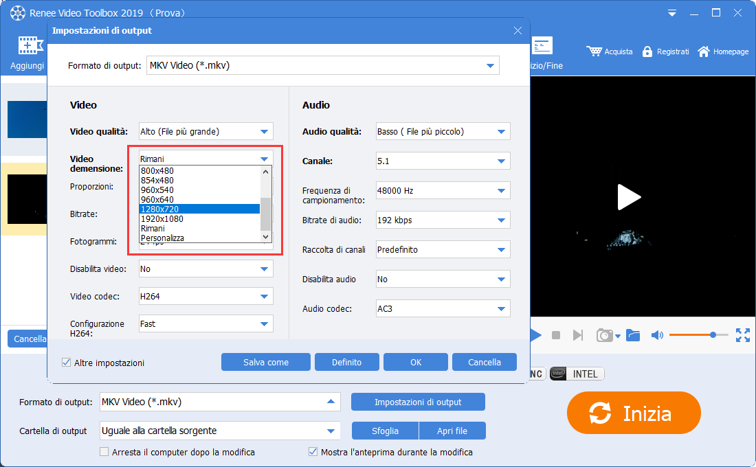 selezionare le dimensioni del video nelle impostazioni di uscita