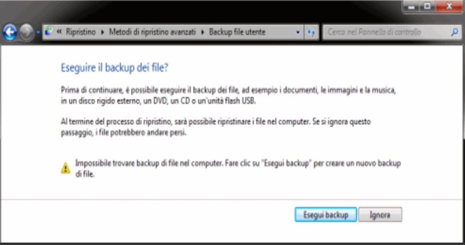 ripristinare le impostazioni di fabbrica di Windows 7 backup e ripristino