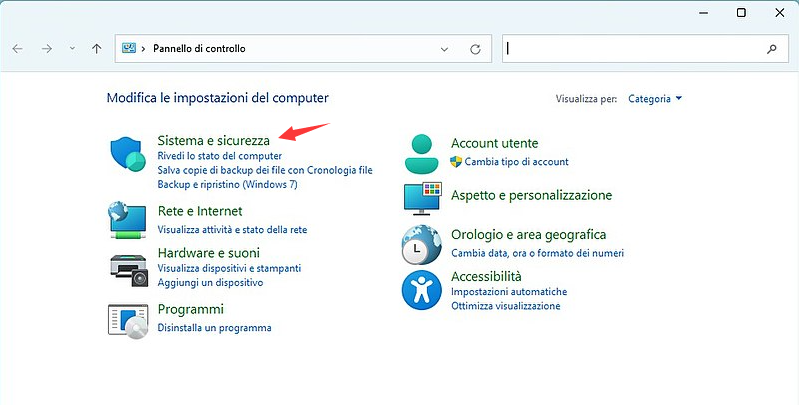 selezionare Sistema e sicurezza nel pannello di controllo di Windows