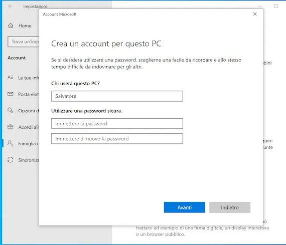 aggiungere un utente locale in Windows 10