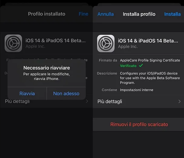 installare il profilo di ios beta e riavviare l'iphone