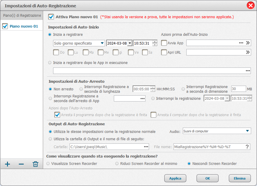 impostazioni di auto registrazione di renee screen recorder