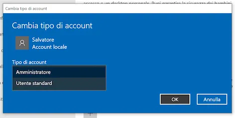 Cambia tipo di account Windows