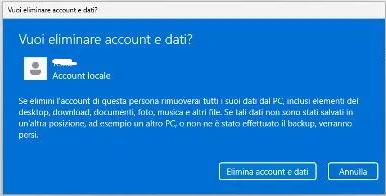 Conferma eliminazione dell’account utente e dei dati in Windows