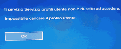 Schermata che mostra il messaggio di errore "Il profilo utente non può essere caricato" sulla schermata di accesso di Windows.