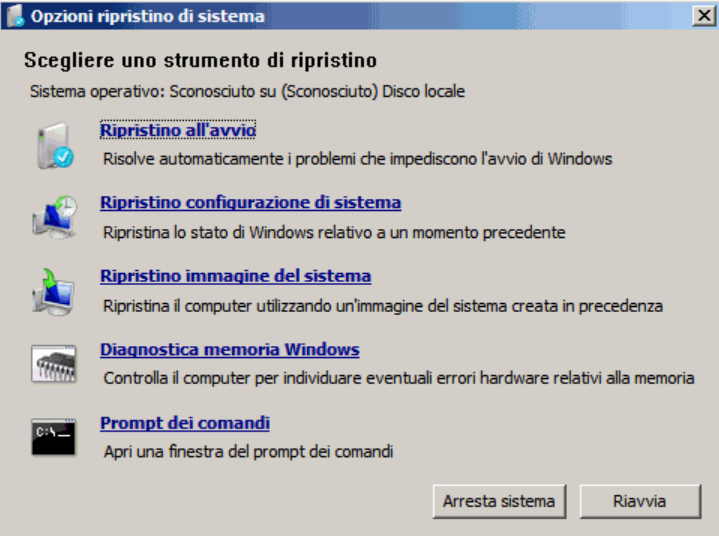 Avvia dal media di installazione di Windows 7, scegli Ripara il computer &gt; Ripristino Immagine di Sistema
