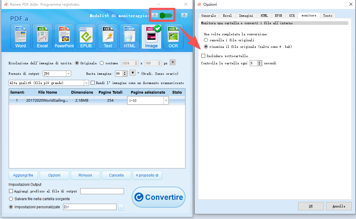Modalità monitoraggio di Renee PDF per convertire file PDF automaticamente