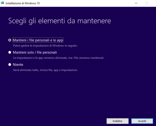 Installa Windows 10, mantieni file personali e app