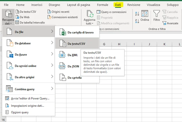 importa csv all'interno di Excel