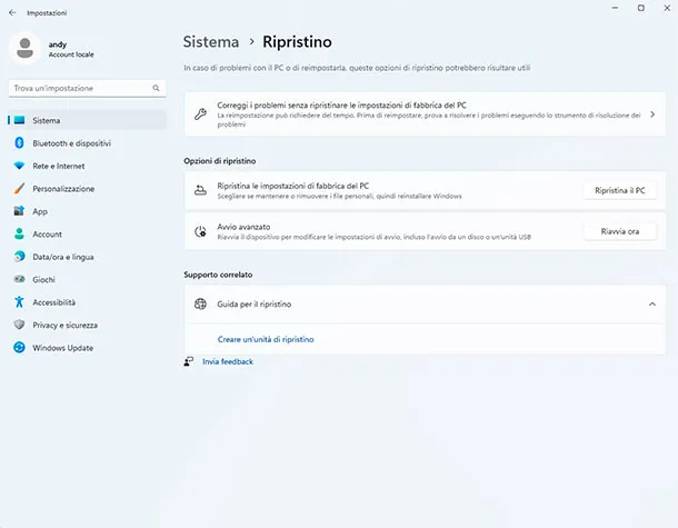 seleziona sistema e ripristino nelle impostazioni windows 11
