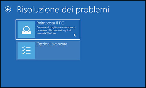 seleziona risoluzione problemi e poi reset this pc