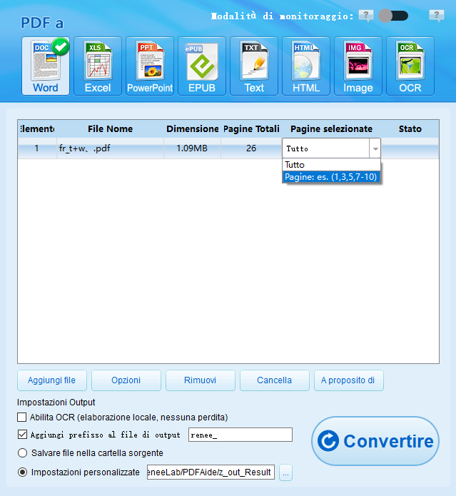 Seleziona pagine durante la conversione PDF in Word