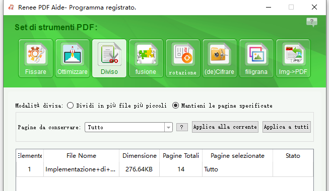 Interfaccia per selezionare gli intervalli di pagine da mantenere