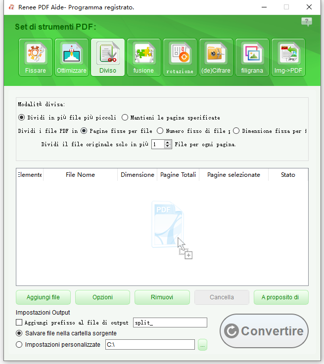 Pannello Dividi in Renee PDF Aide con opzioni per aggiungere file