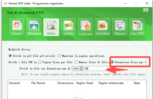 dividi il file PDF per dimensione fissa