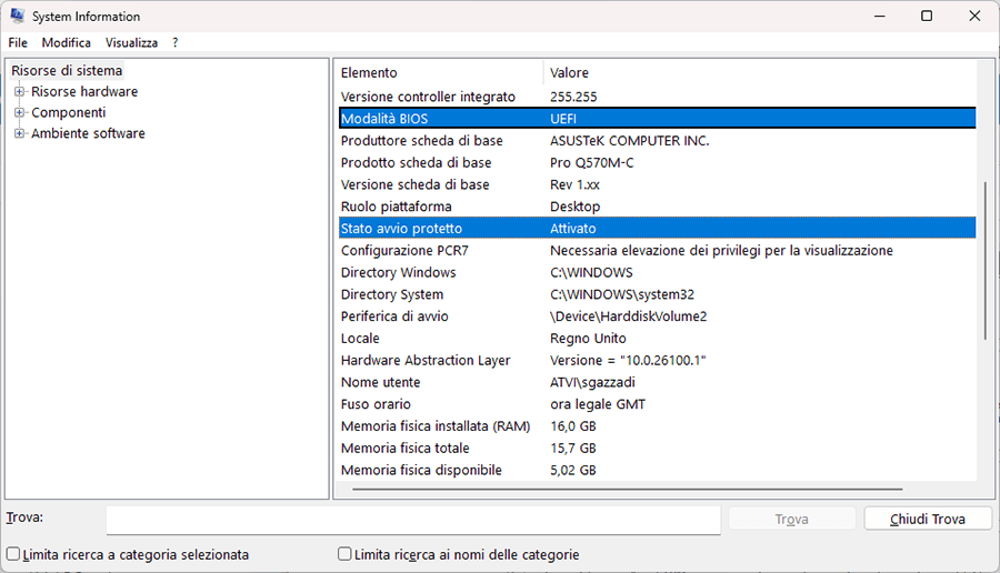 Finestra Informazioni di sistema che mostra la modalità di avvio UEFI e lo stato di Secure Boot