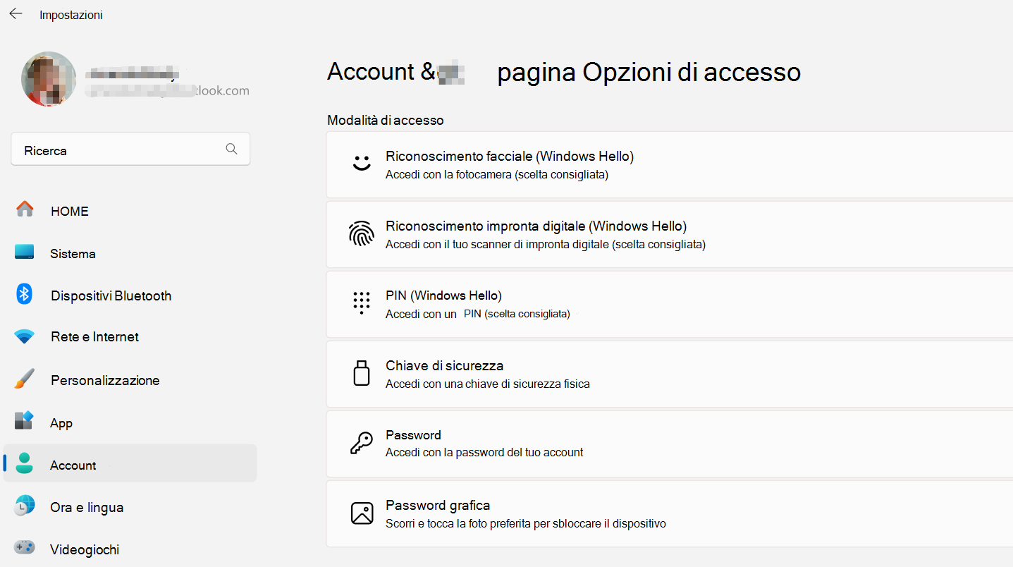 Impostazioni account di Windows 11, opzioni di accesso