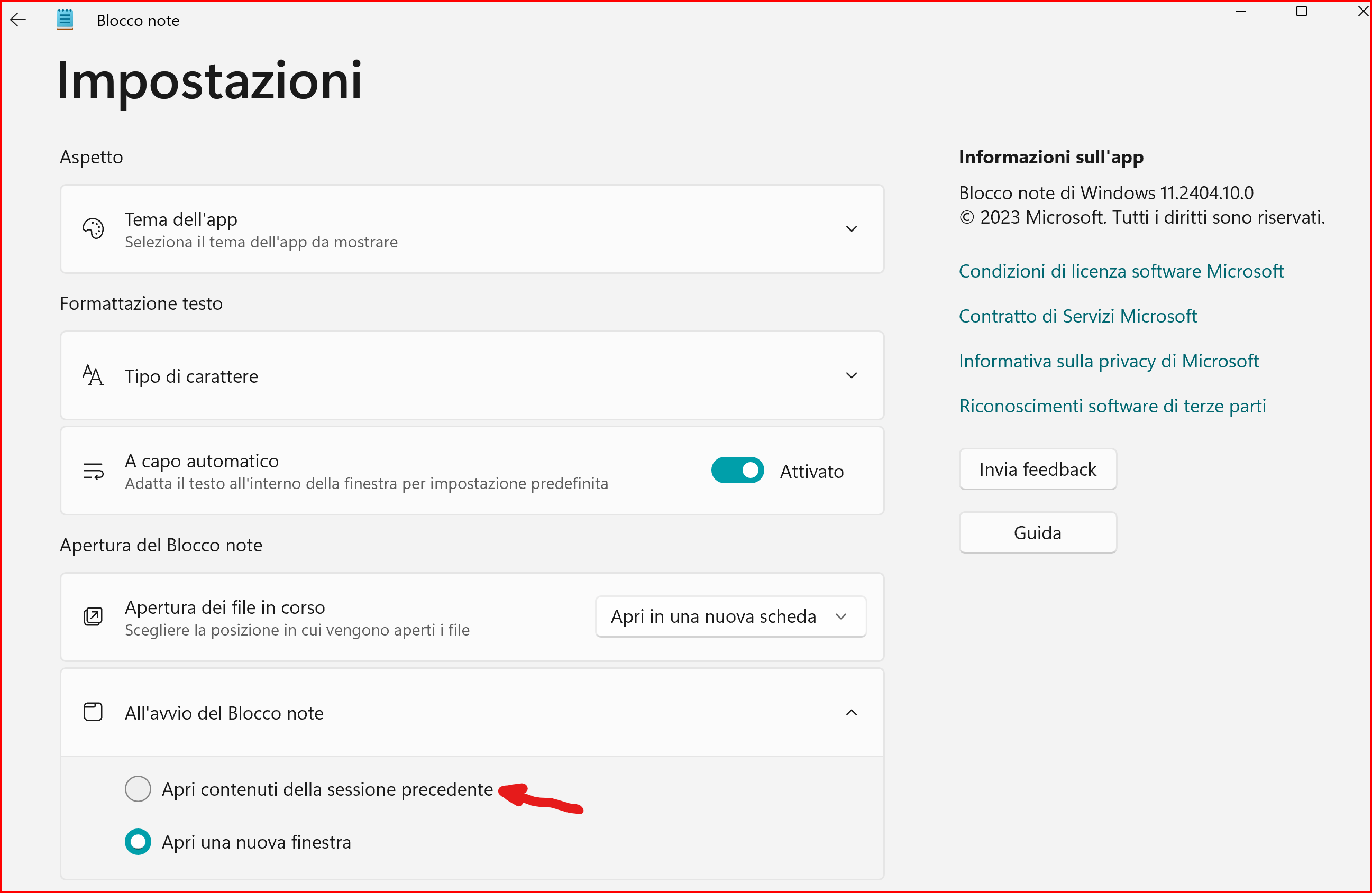 impostazioni blocco note continua sessione precedente all'avvio