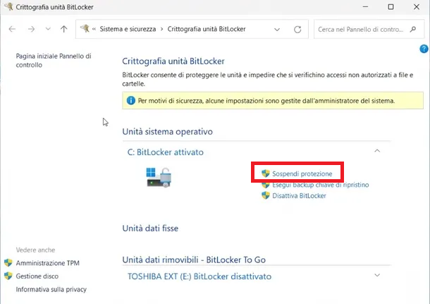 sospendi protezione bitlocker