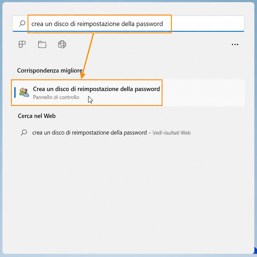 Cerca "Crea disco di reimpostazione password di Windows"