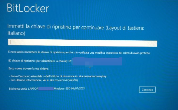 schermata di richiesta chiave di ripristino di Windows BitLocker