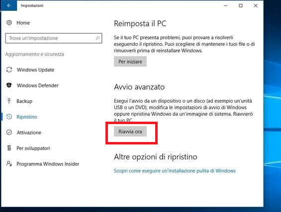 fai clic su Riavvia ora nella voce di ripristino