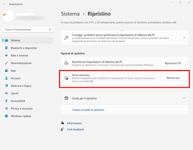 Windows 11 avvio avanzato riavvia ora