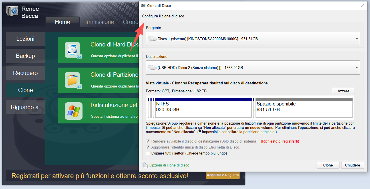 Clona i dati su un nuovo disco quando sull'SSD non c'è abbastanza spazio.