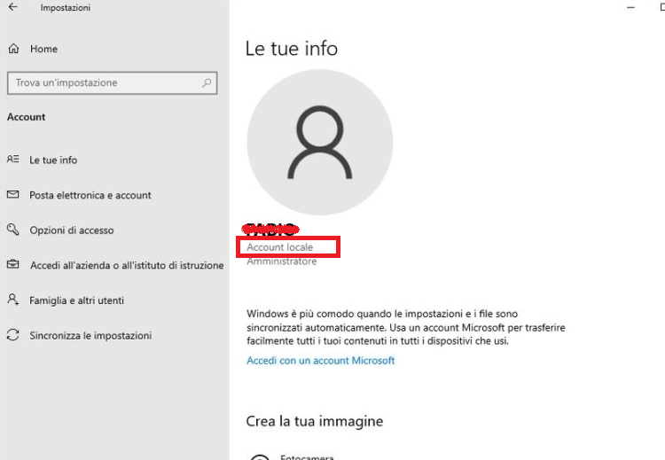 Impostazioni di Windows 10 > Account > Le tue informazioni