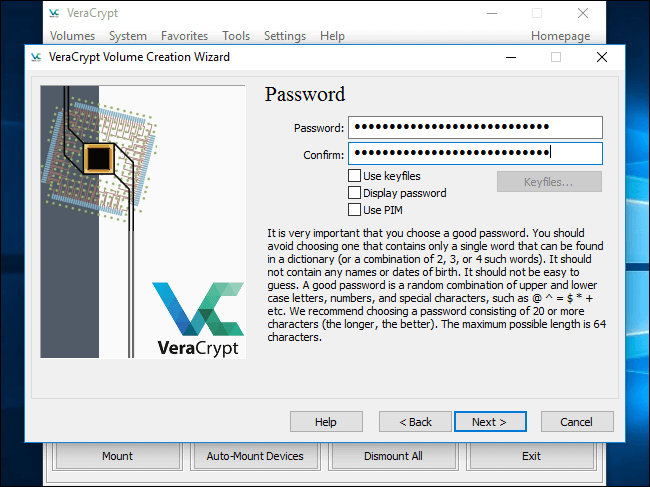 impostare la password per veracrypt