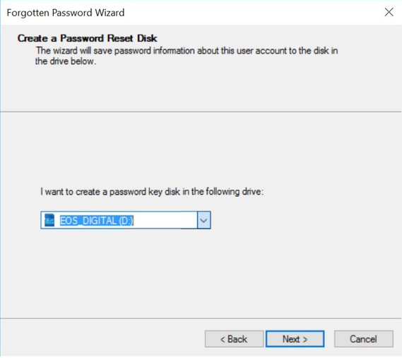 clicca per creare il disco di ripristino della password di windows 10