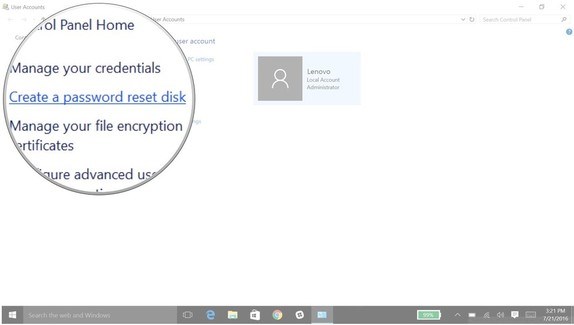 clicca per creare il disco di ripristino della password di windows 10