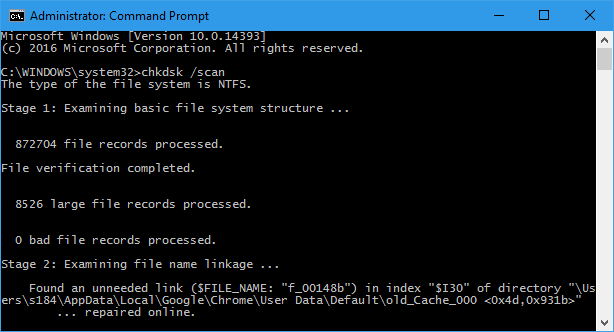 Prompt dei comandi dell'amministratore chkdsk scan